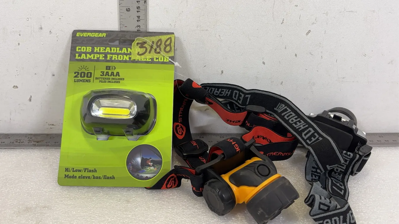 Evergear COB Headlamp, 200 Lumens, Hi/Low/Flash Modes, Takes 3 x AAA Batteries, approx. 3" x 1 1/2" and Misc. Brand Headlamp, Takes 3 x AAA Ba