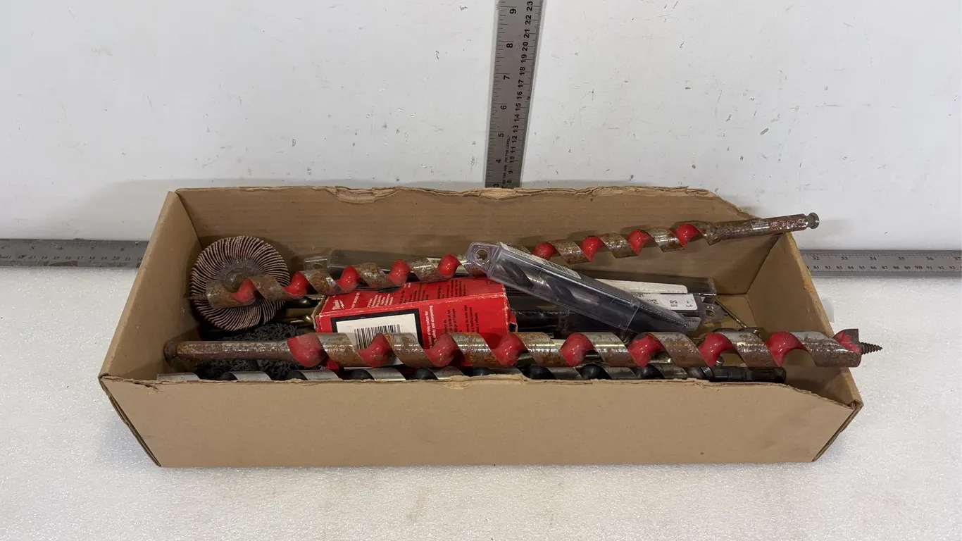 Box of Assorted Drill Bits, approx. 45 pce, approx. Dimensions of Box 19" x 7" x 4 1/2" *Unreserved*