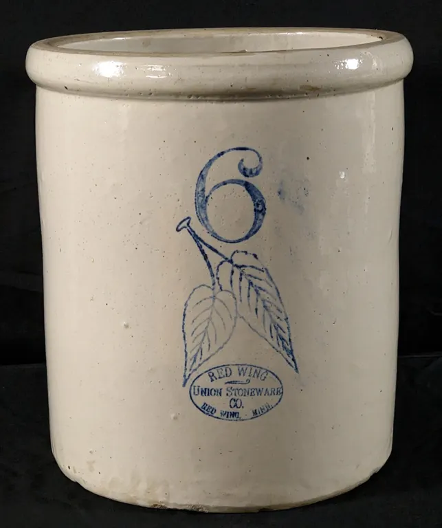 6 GAL RED WING STONEWARE BLUE BIRCHLEAF SKI OVAL CROCK