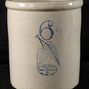 6 GAL RED WING STONEWARE BLUE BIRCHLEAF SKI OVAL CROCK