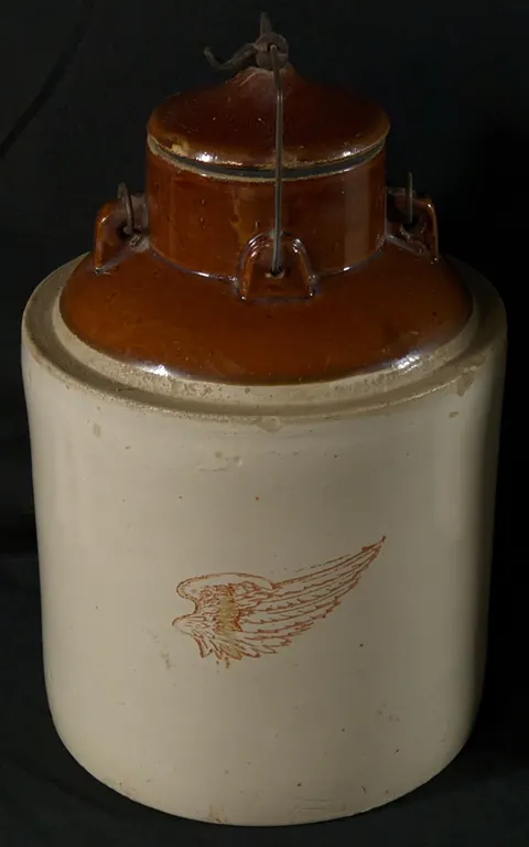 2 GAL RED WING STONEWARE BROWN TOP PACKING JAR CROCK WITH WING