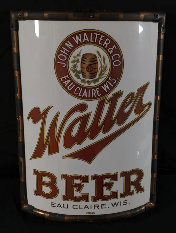 PRE PROHIBITION VITROLITE GLASS SIGN JOHN WALTER & CO EAU CLAIRE WISCONSIN WALTER BEER