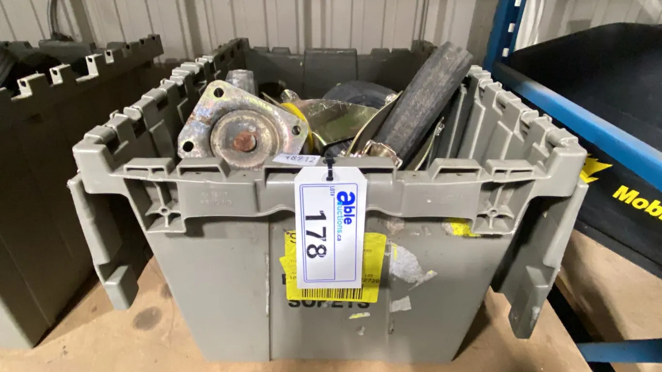 BIN OF 8 HEAVY DUTY 8" SWIVEL CASTERS, 4 WITH LOCKS
