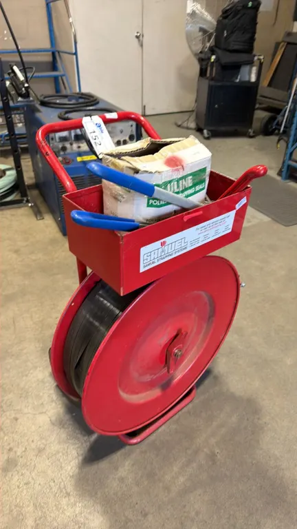 SAMUEL RED HEAVY DUTY BANDING CART WITH PLASTIC BANDING TOOLS, ROLL OF PLASTIC BANDING MATERIAL &