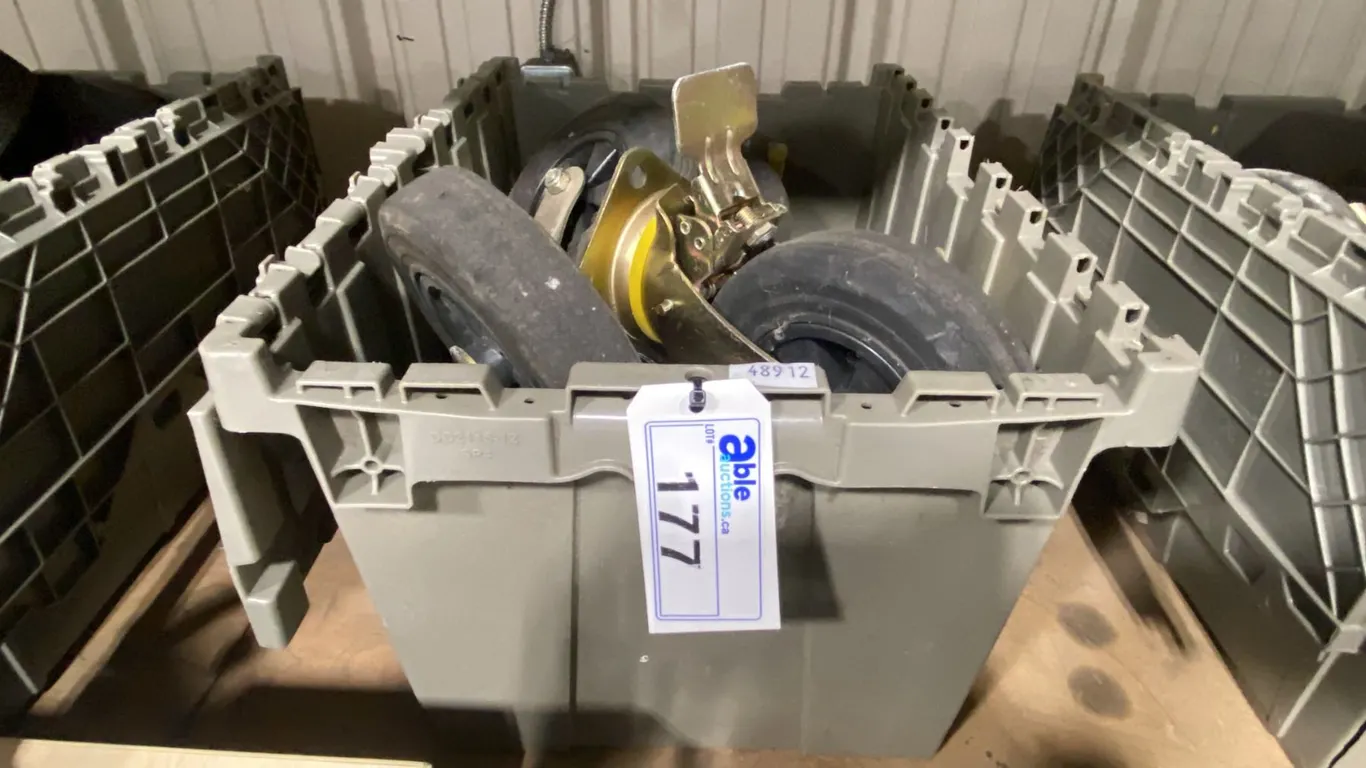 BIN OF 8 HEAVY DUTY 8" SWIVEL CASTERS, 4 WITH LOCKS