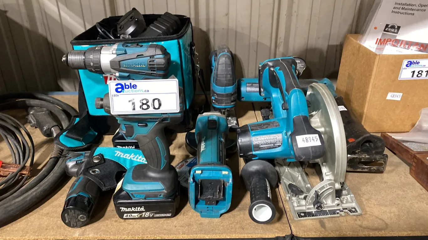 LARGE GROUP OF MAKITA CORDLESS POWER TOOLS INCLUDING RECIPROCATING SAW, GRINDER, 3 DRILLS, CIRCULAR