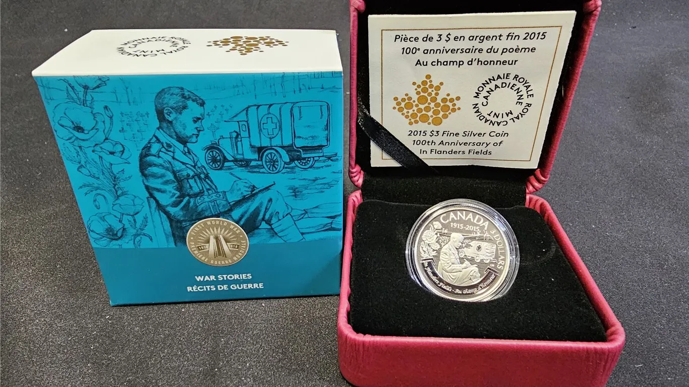 2015 CAD 7.96G .9999 FINE SILVER $3 100TH ANNIVERSARY OF IN FLANDERS FIELD COIN IN DISPLAY BOX