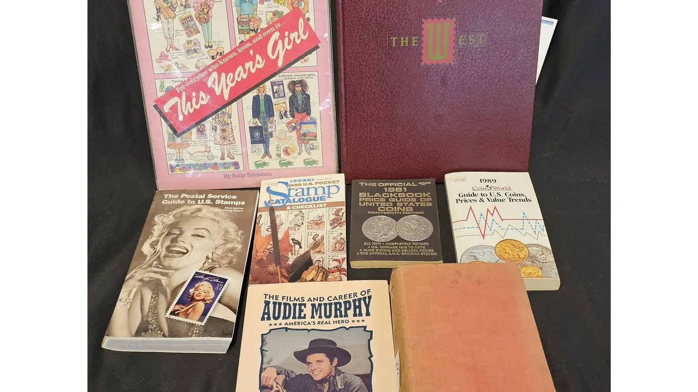 PAPER DOLLS BOOK & (6) ASSTD. STAMP REFERENCE BOOKS