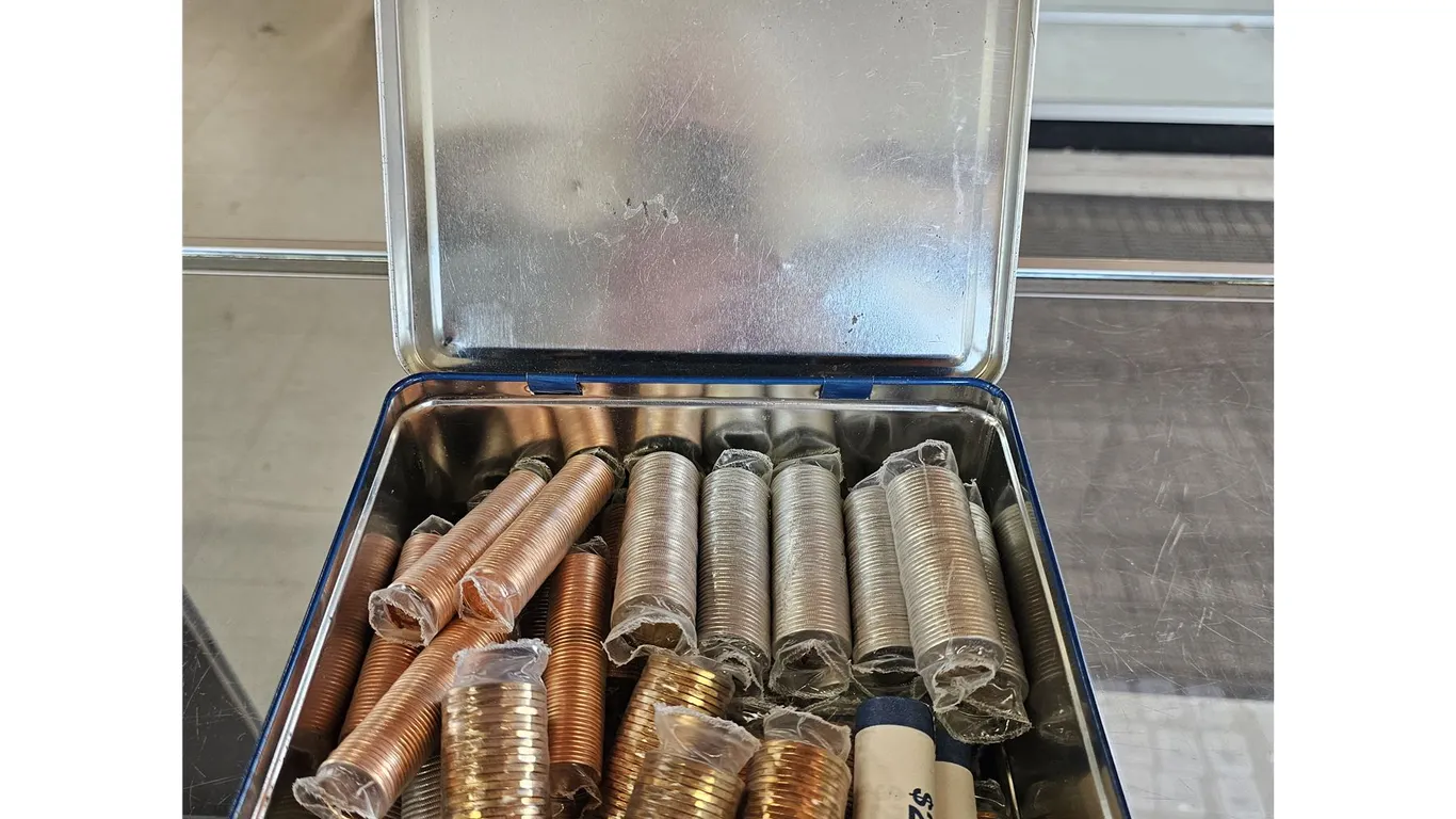 METAL CANUCKS LUNCHBOX OF ASSORTED CAD ROLLED COLLECTIBLE COINS: LOONIES, QUARTERS & NICKELS