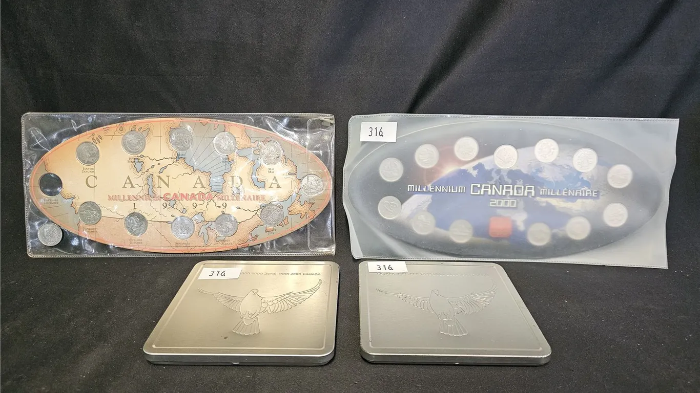 (2) CANADIAN 2000 MILLENNIUM QUARTER SETS & (2) CANADA POST MILLENNIUM STAMP KEEPSAKE SETS