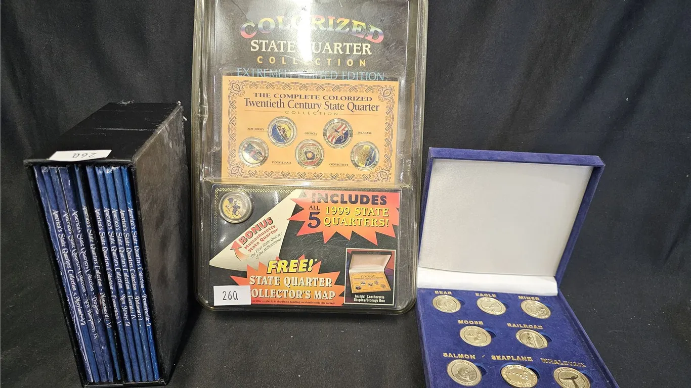 ALASKA FRONTIER MINT "PASSIONS" BRASS TOKEN COLLECTION, 1999 COLORED STATE QUARTER COLLECTION &