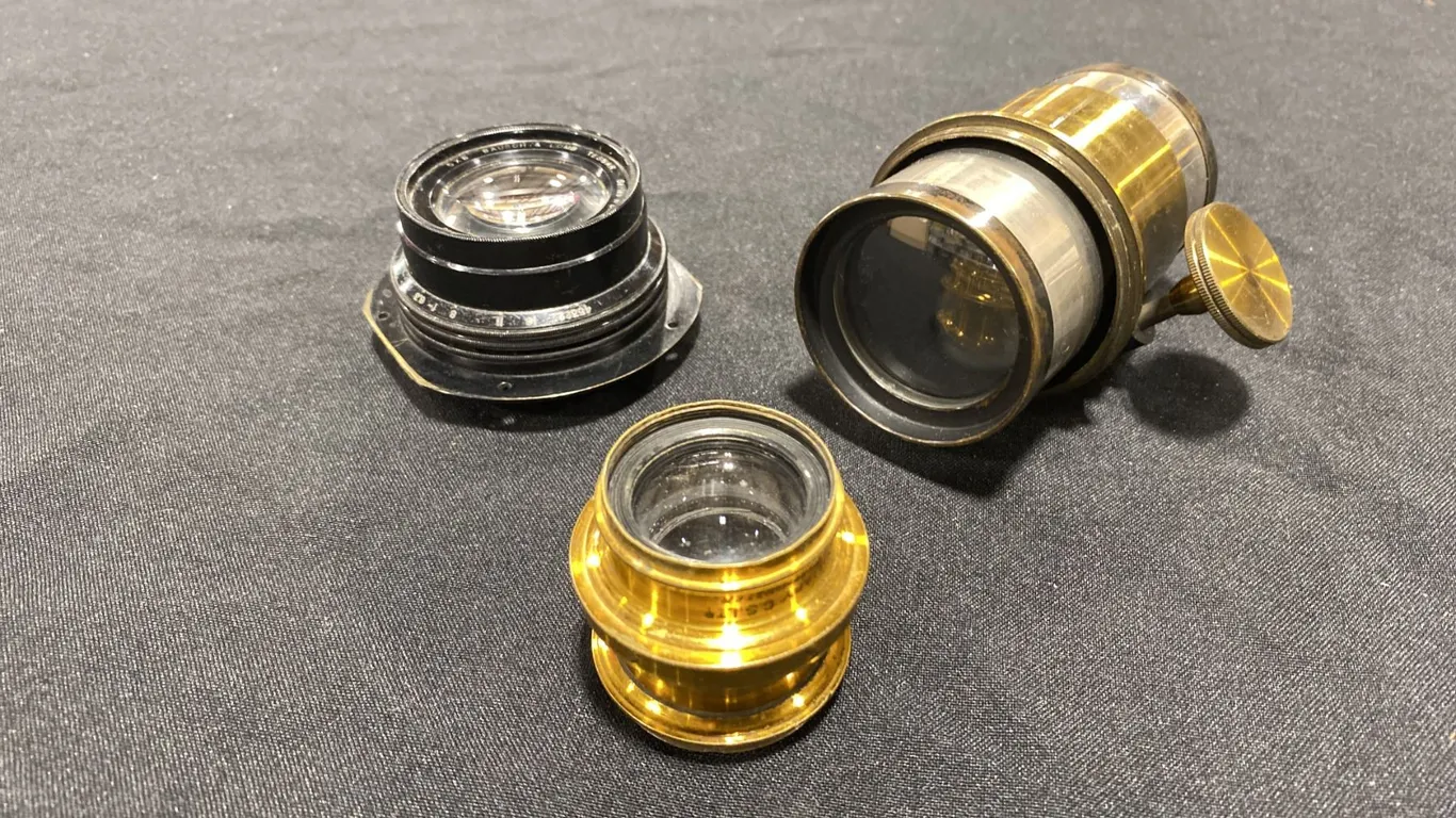 GROUP OF 3 OLD CAMERA LENSES - PETZVAL AND TESSAR