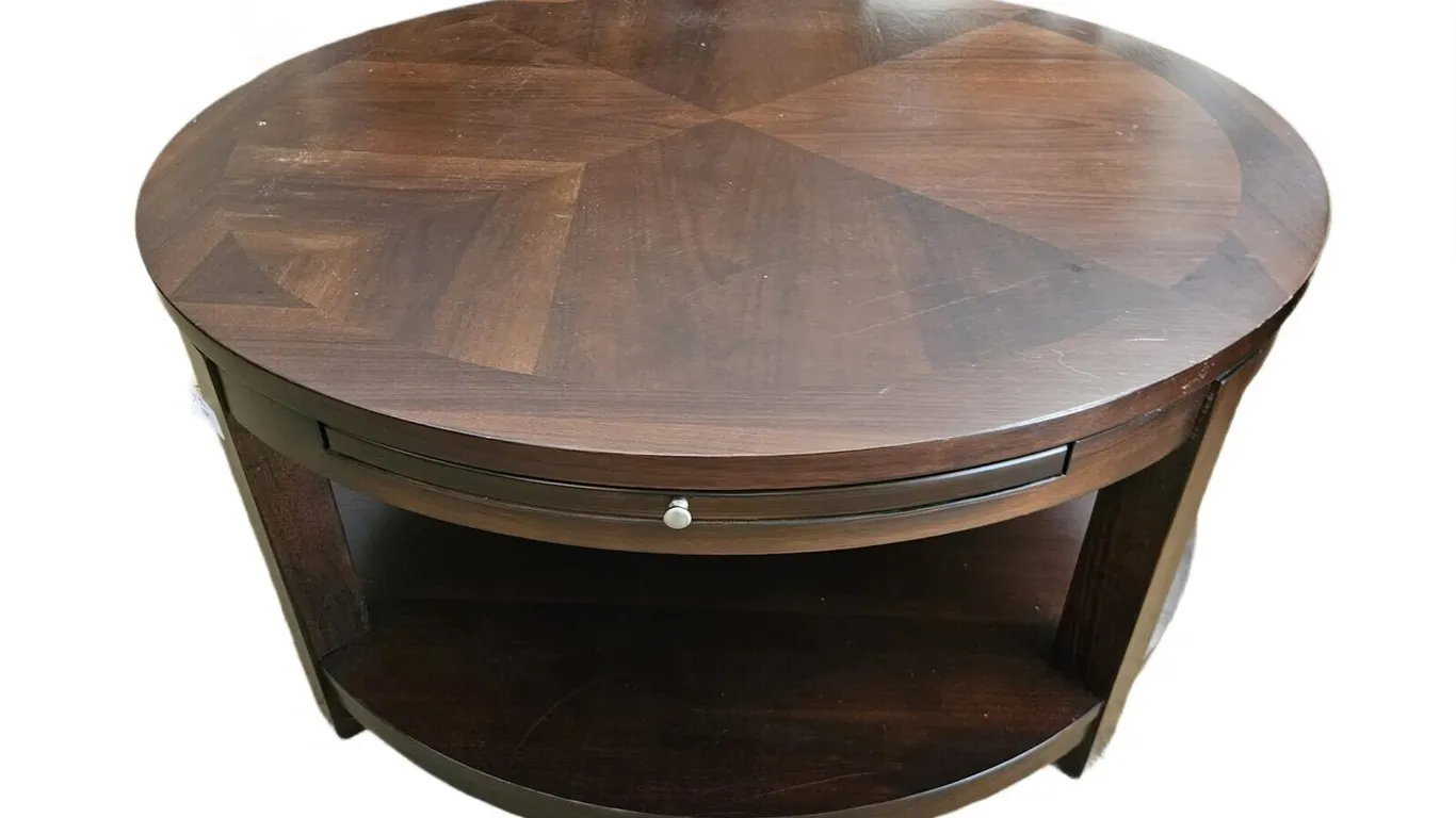 Bassett 40 in Round Cocktail Table, Drawer and Pull-Out Leaves