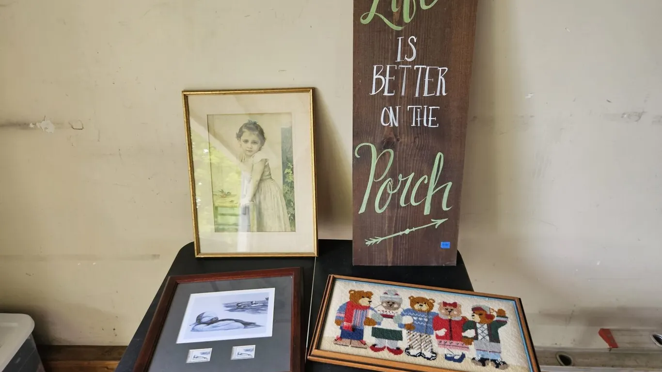 Framed Decor Lot: Duck Print, Bear Needlepoint, Porch Sign, 4 pcs