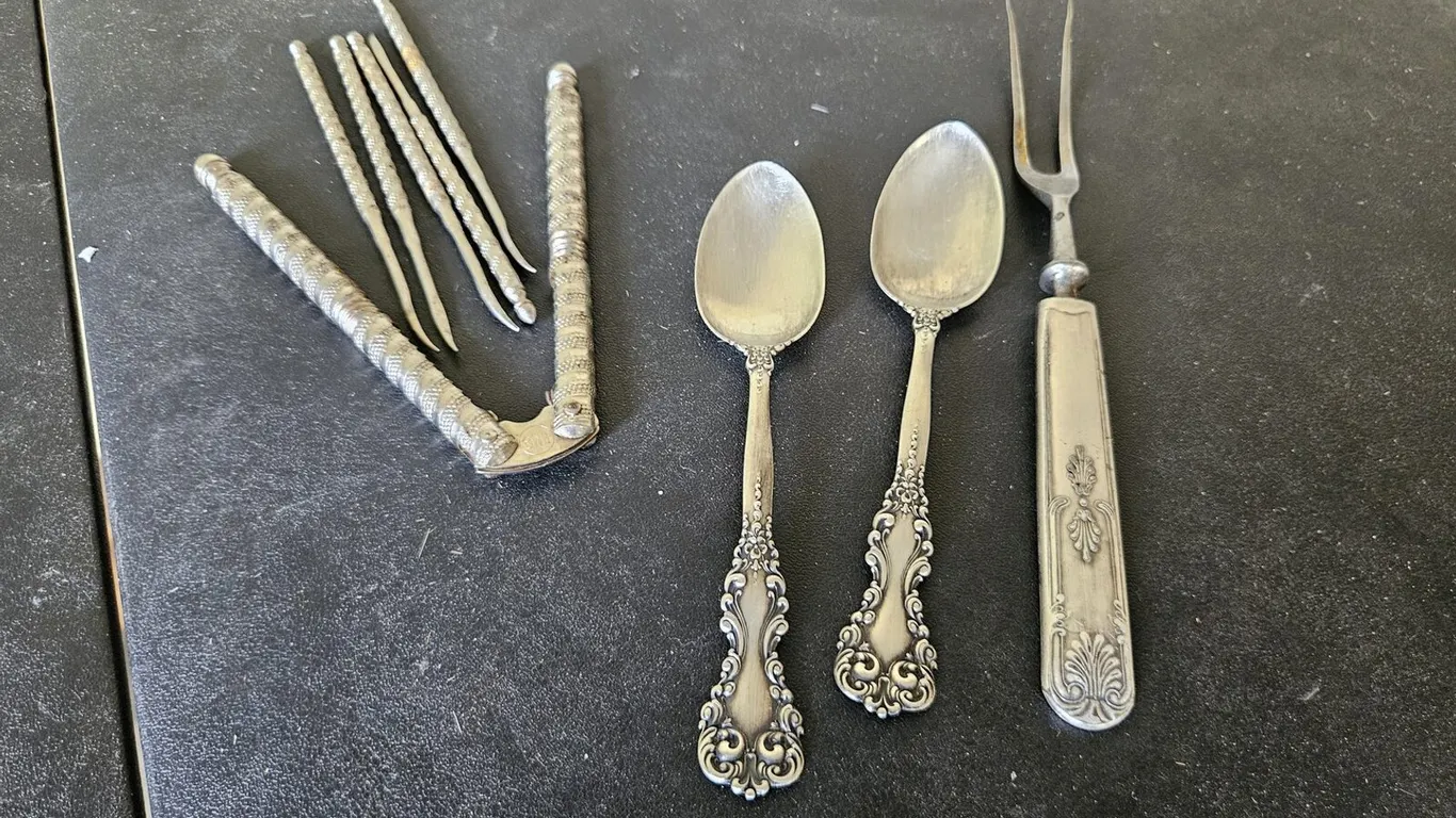 Sterling Demitasse Spoons, Serving Fork and Nutcracker Set