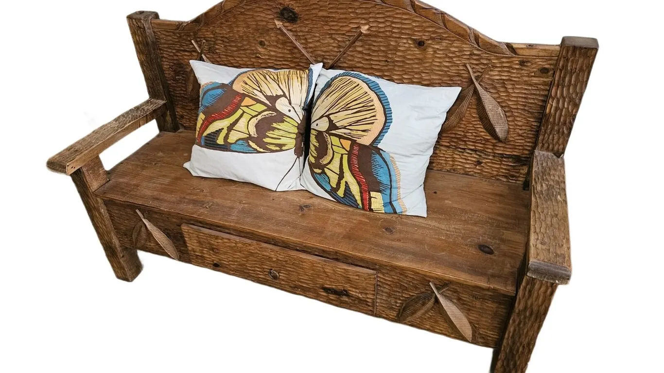 Carved Rustic Pine Bench with Storage Drawer and Two Pillows