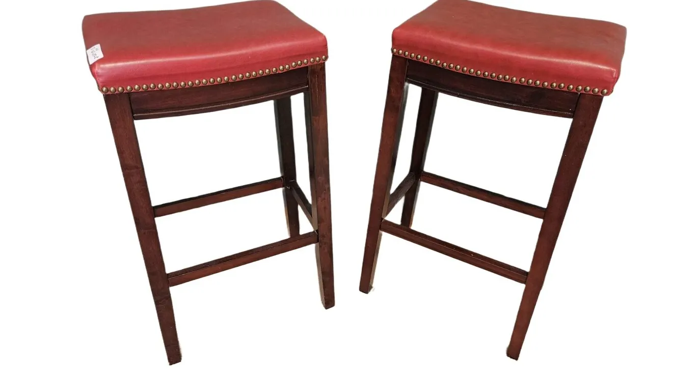Pair of Linon Red Saddle-Seat Backless Bar Stools, Nailhead Trim
