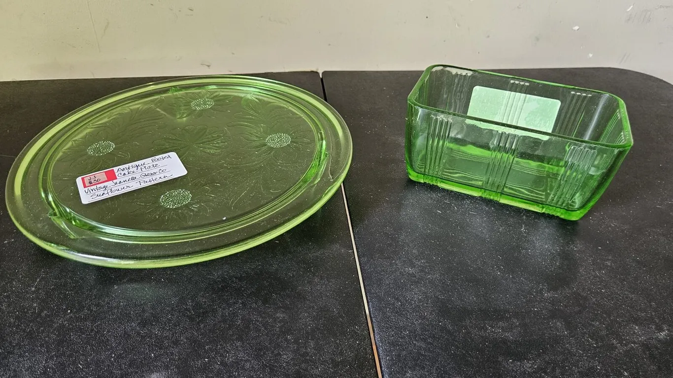 Jeannette Sunflower Cake Plate & Hazel Atlas Criss Cross Dish