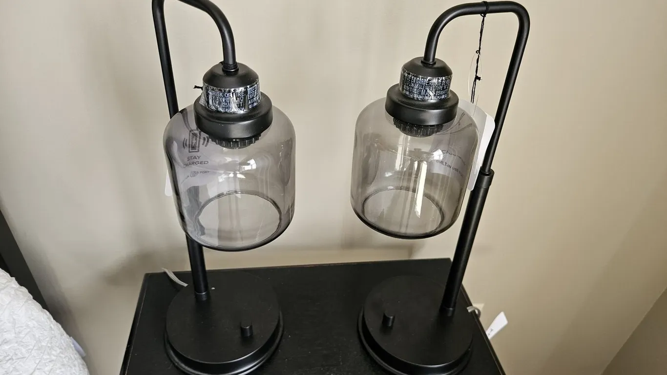 Pair of Black Metal Table Lamps, Smoke Glass Cylinder Shades