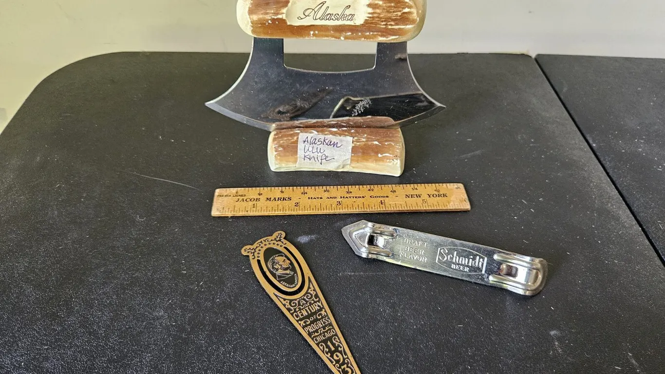 Alaskan Ulu Knife, Jacob Marks Ruler, Schmidt Beer Opener