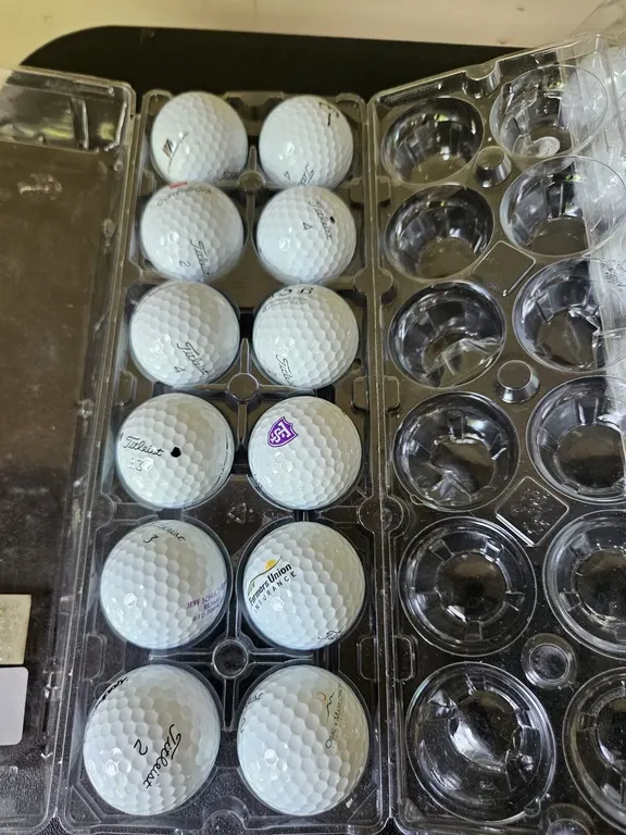 12 used Titleist and logo golf balls in case