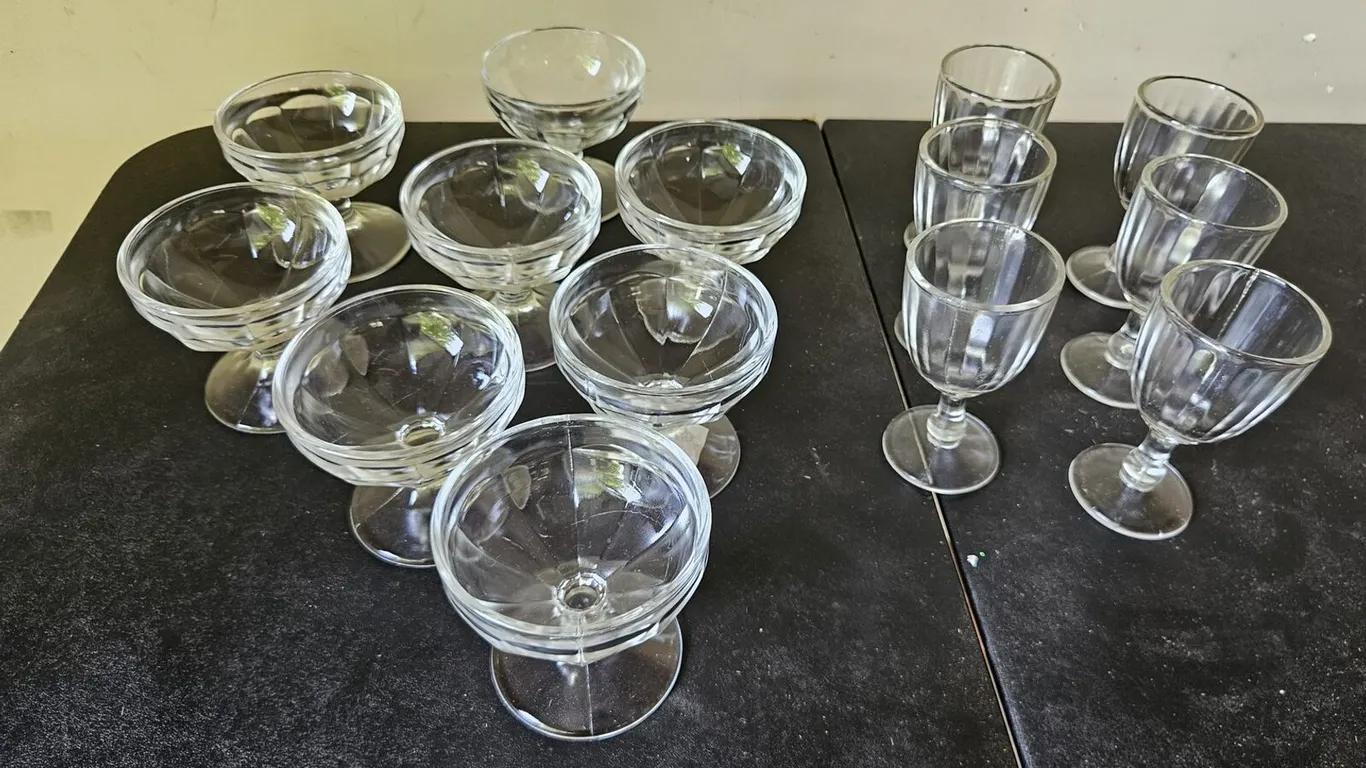 Paneled Clear Glass Stemware, 8 Sherbets and 6 Water Goblets