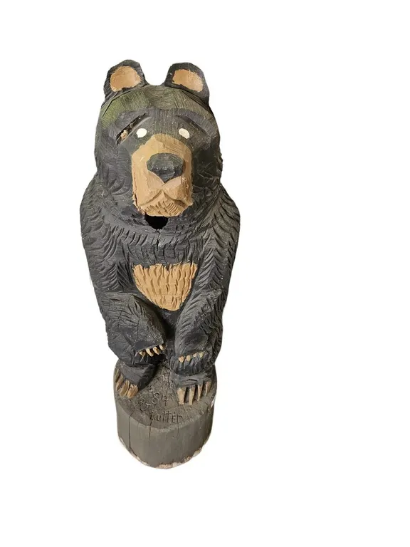 Chainsaw-Carved Black Bear Statue, Signed, 49 in. Tall