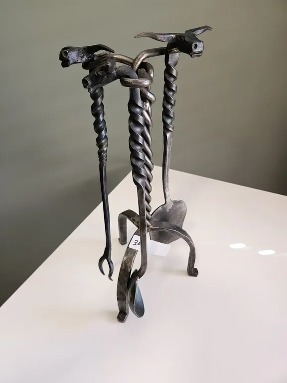 Hand-Forged Iron 3-Pc Fireside Tool Set w/ Steer Head Finials