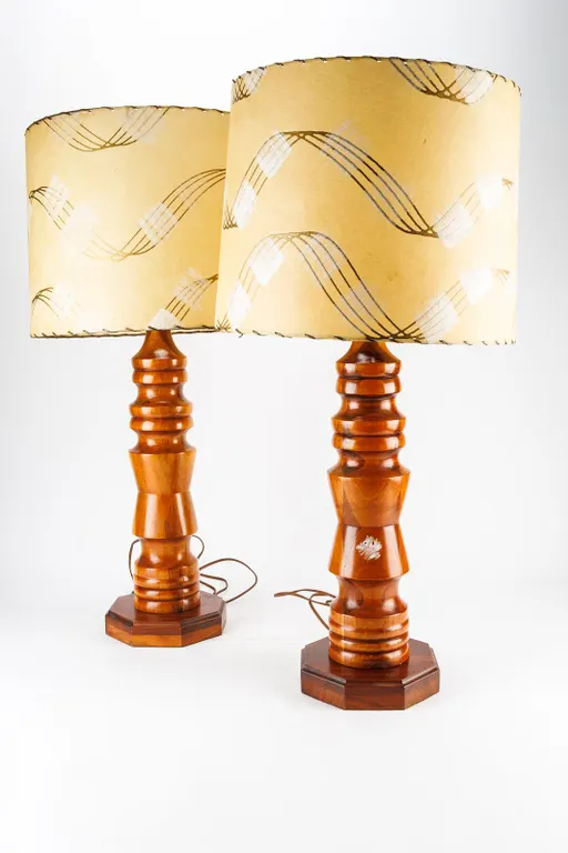 Pair of Vintage MCM Table Lamps with Turned Wood Column Bodies