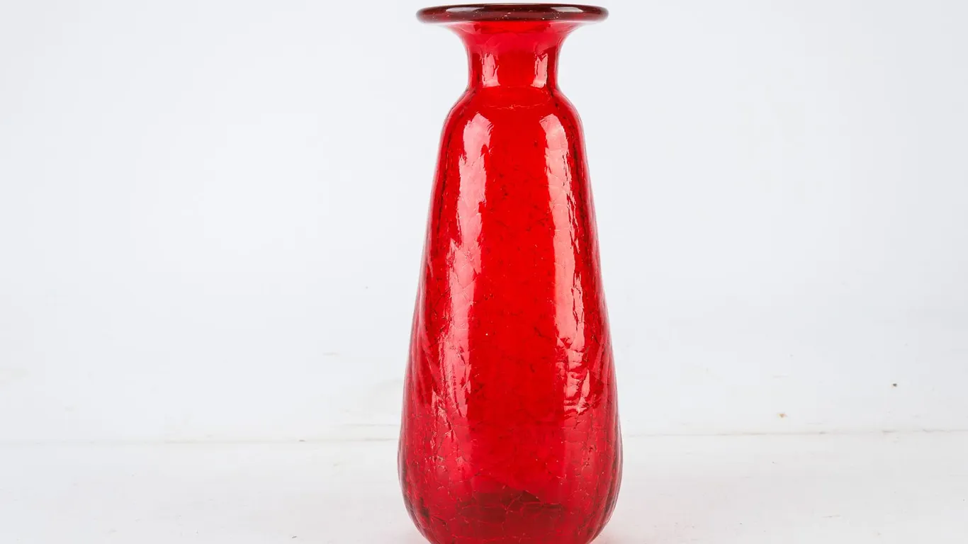 Vintage MCM Red Crackle Glass Carafe Vase