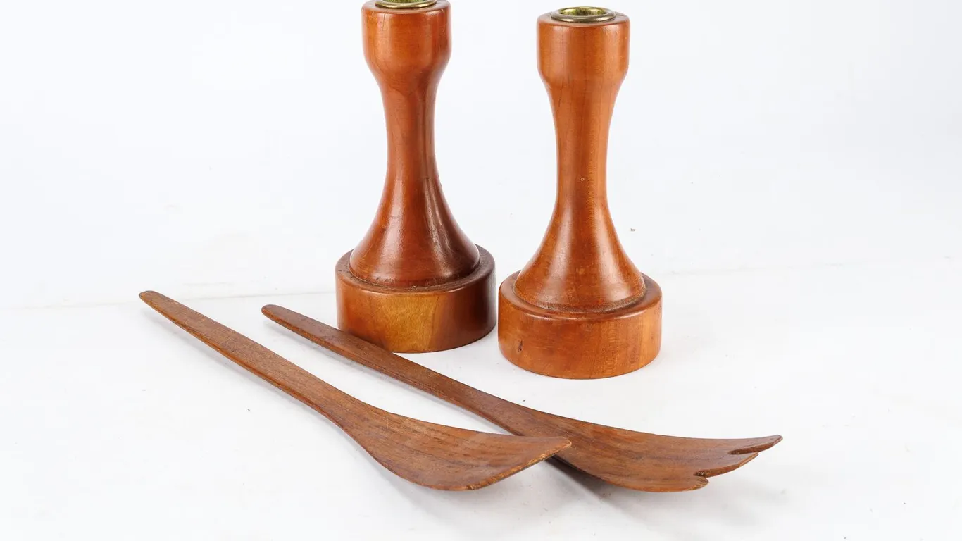 Set of Vintage Mid-Century Wooden Serving Utensils and Candlestick Holders