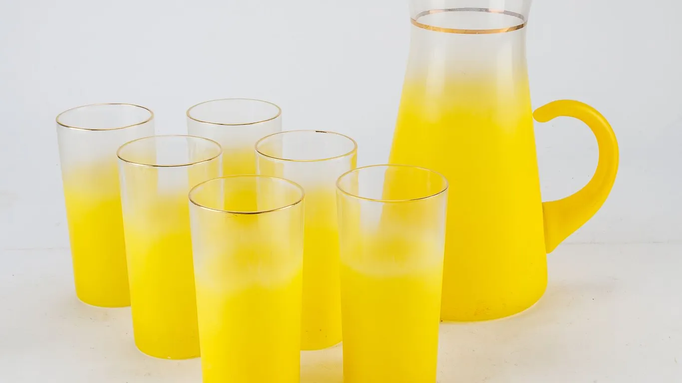 Vintage MCM Blendo Yellow Frosted Glass Beverage Set