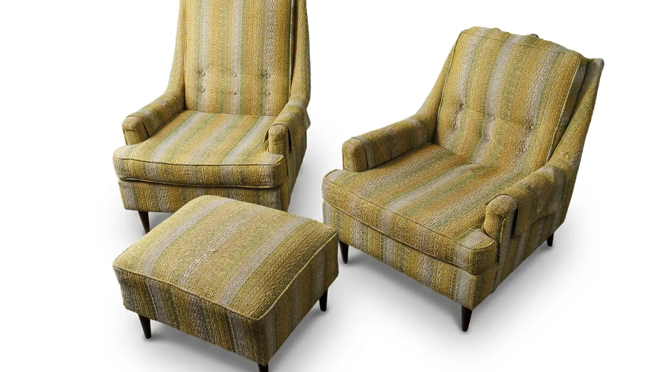 Pair of Vintage MCM Kroehler "His and Her" Lounge Chairs with Matching Ottoman