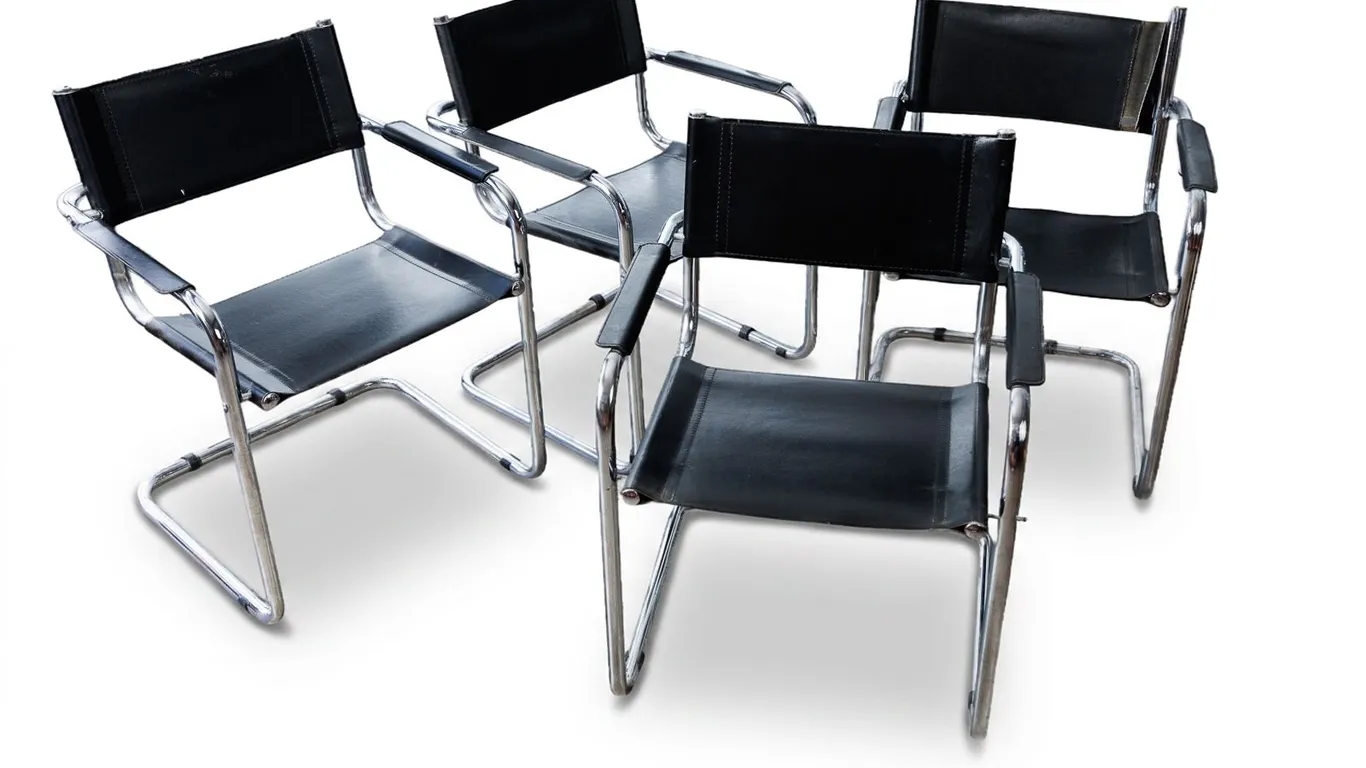 Set of 4 Vintage MCM Cantilever Chairs in Chrome and Black Leather