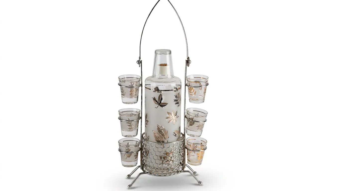 MCM Libbey Silver Leaf Decanter and Shot Glasses