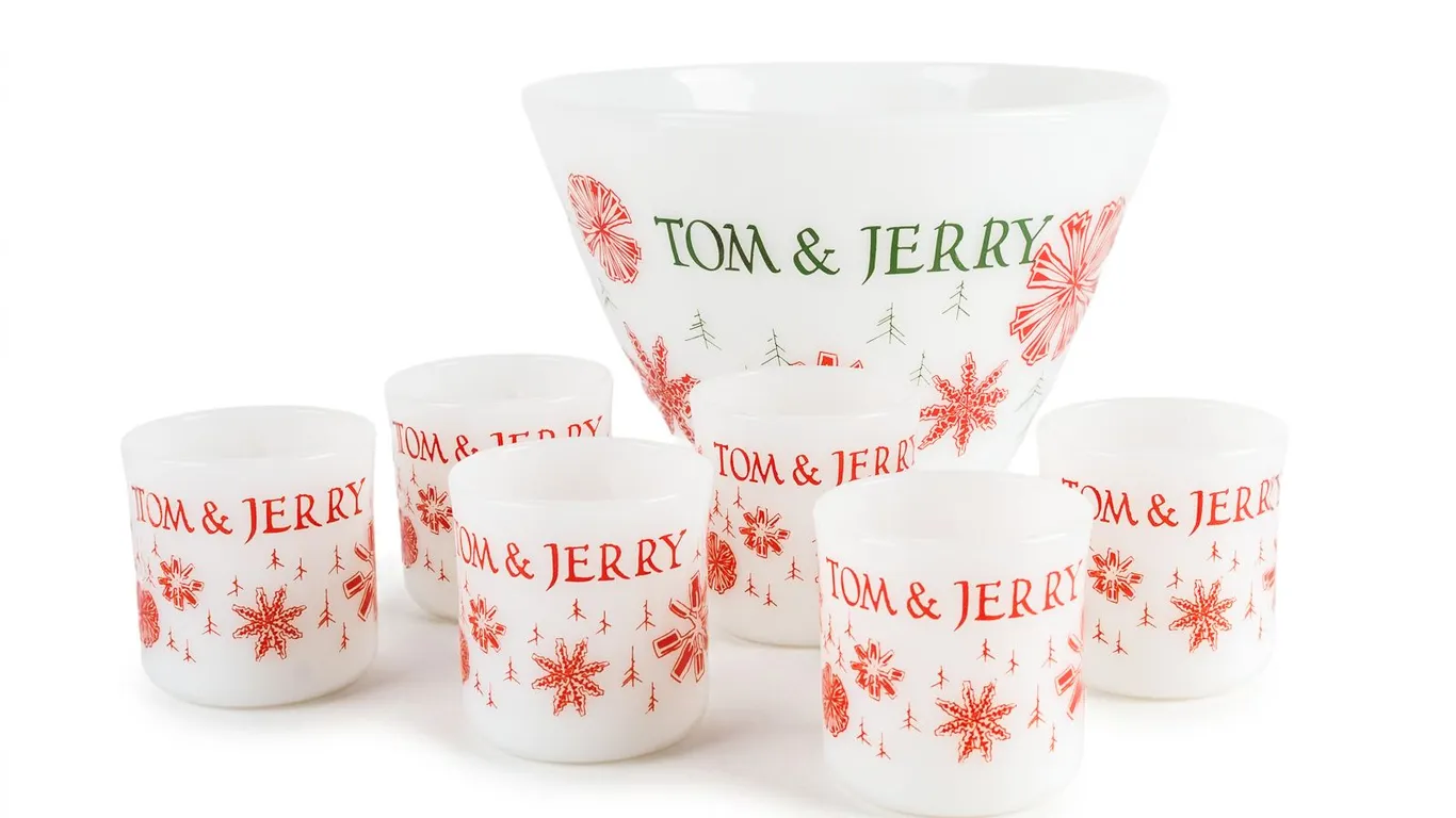 Vintage Fire King Tom & Jerry Glass Punch Bowl Set