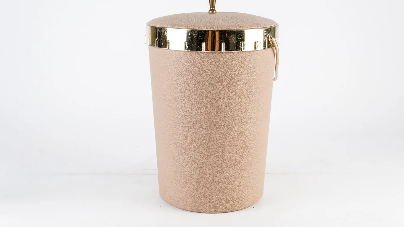 Vintage MCM Plas-Tex Faux Leather Taupe Ice Bucket