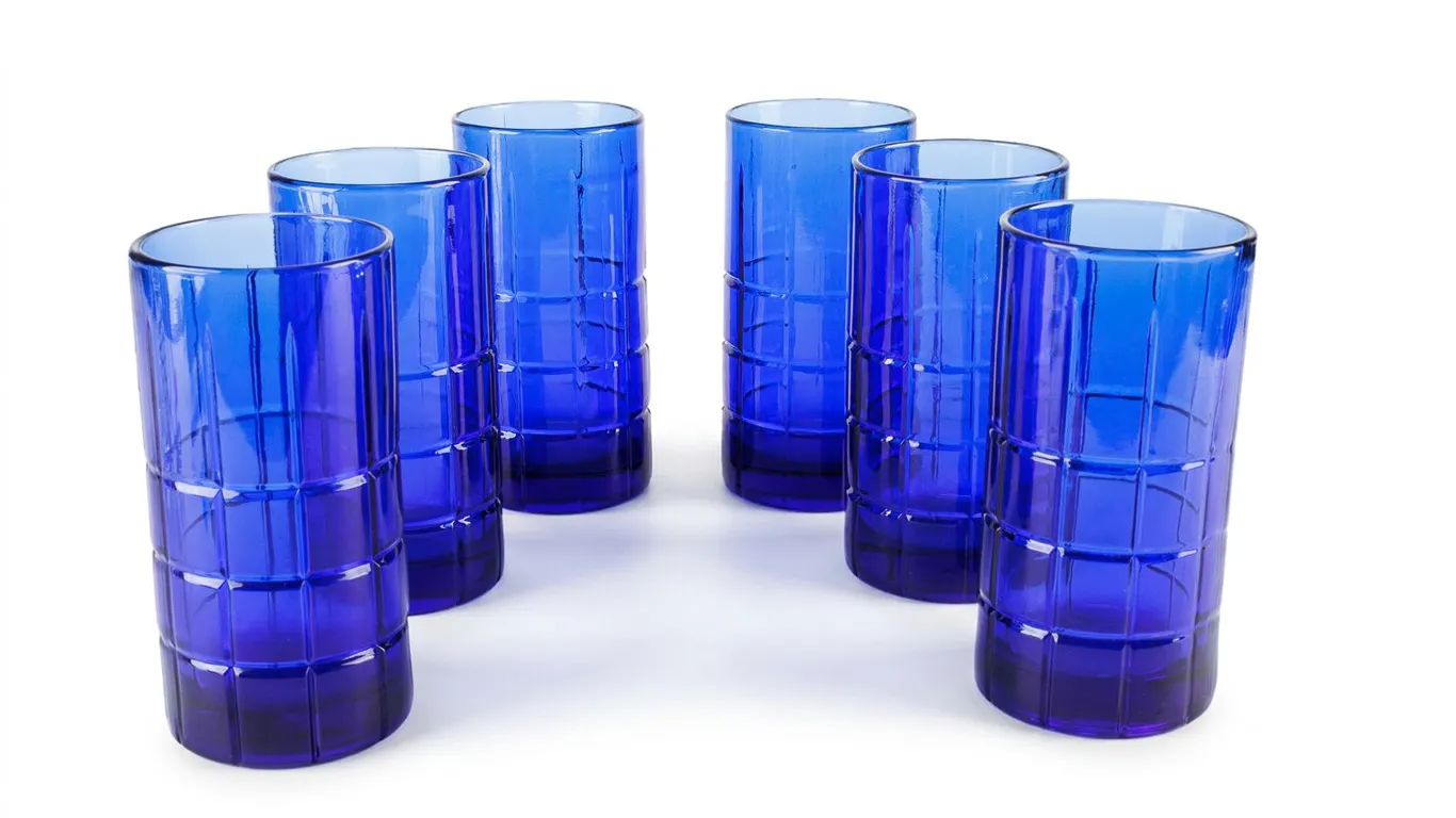 Set of 6 Vintage Anchor Hocking Tartan Pattern Tumblers in Cobalt