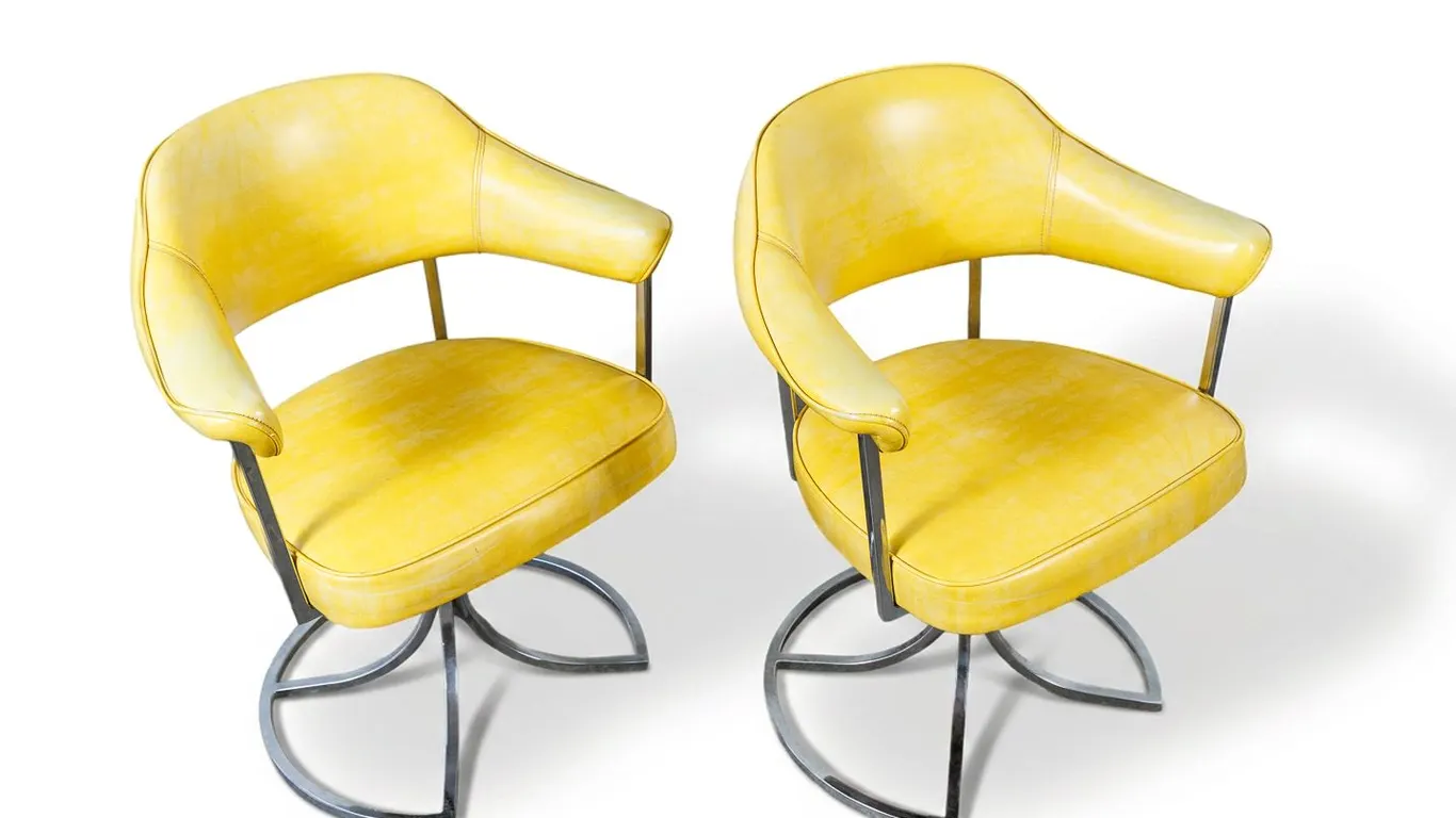 Pair of Vintage MCM Cal-Style Club Chairs in Yellow Faux Leather