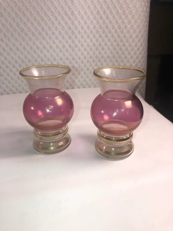 Vintage Bartlett Collins Cranberry Pink with Gold Trim Bud Vase Pair