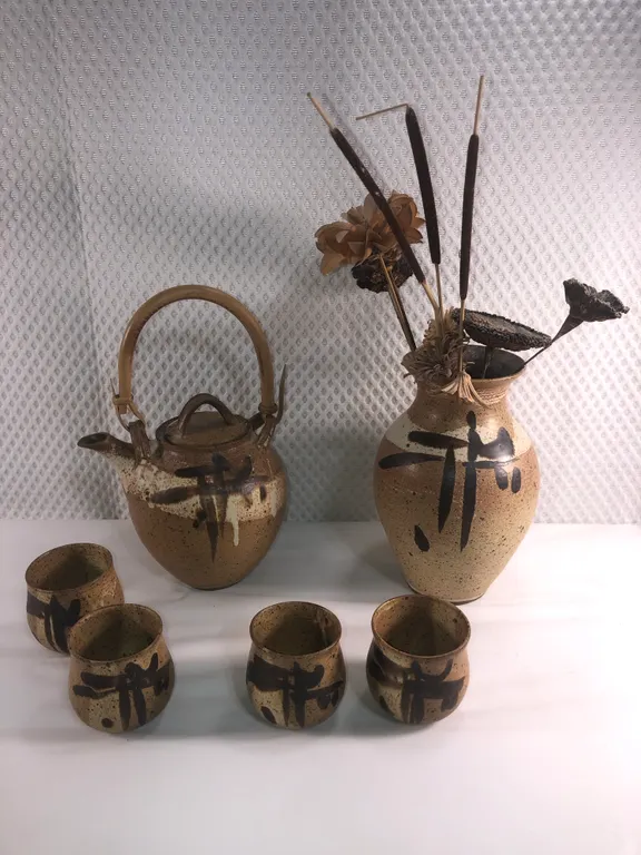 Vintage Pottery Stoneware Tea Set and Vase