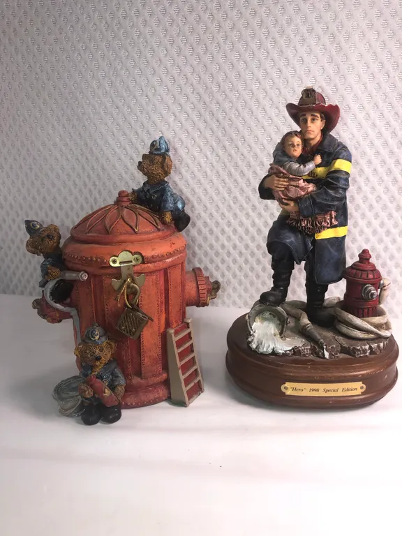 Vintage Fireman Music Box Sculpture and a Ceramic Locking Coin Bank “Nice Collectibles”