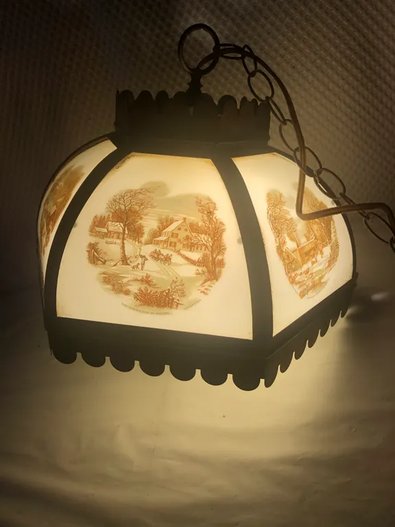 Vintage Currier and Ives Hanging Swag Glass Lamp