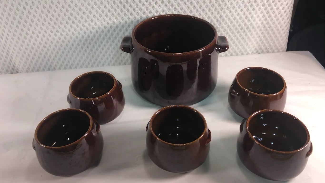 Vintage West Bend Brown Glazed Stoneware Bean Pot and Five Bowls