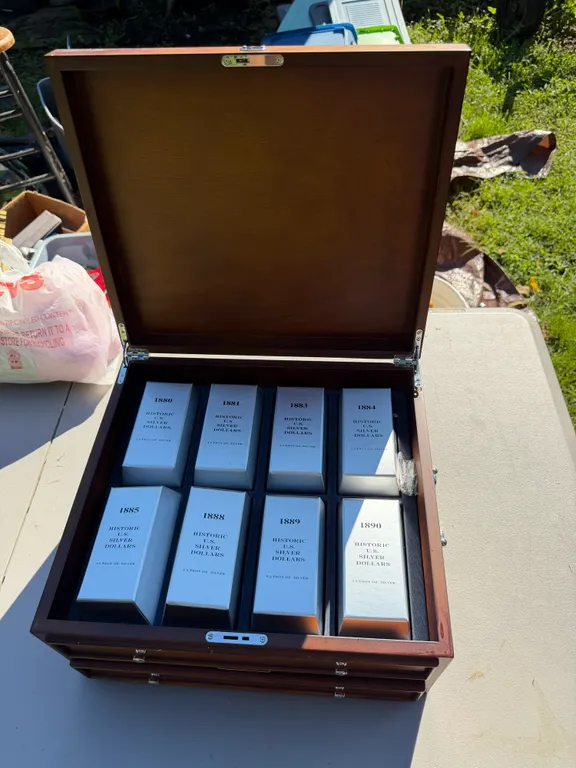 Wooden Collector’s Chest w/ Empty Historic U.S. Silver Dollar Boxes