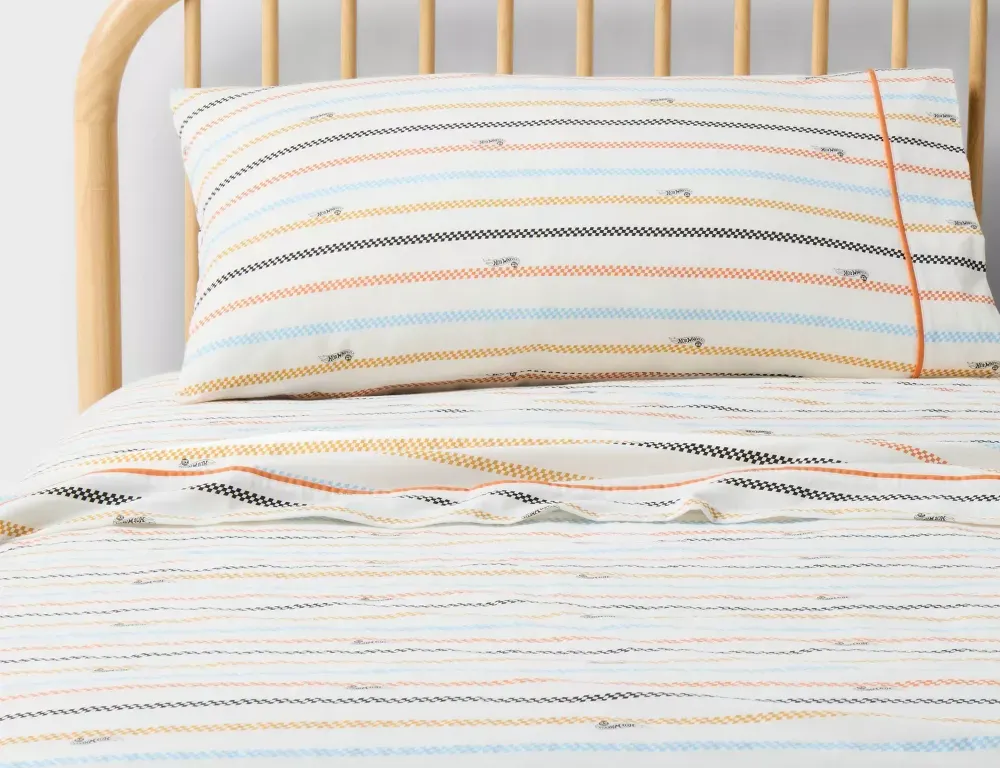 *NEW* Hot Wheels Twin Retro Checkered Stripe Kids' Cotton Sheet Set Cream