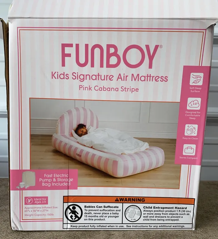 *NEW/OPEN BOX* FUNBOY Light Pink Stripe 15"H Kids' Sleepover Twin Air Mattress Bed with Electric Pum