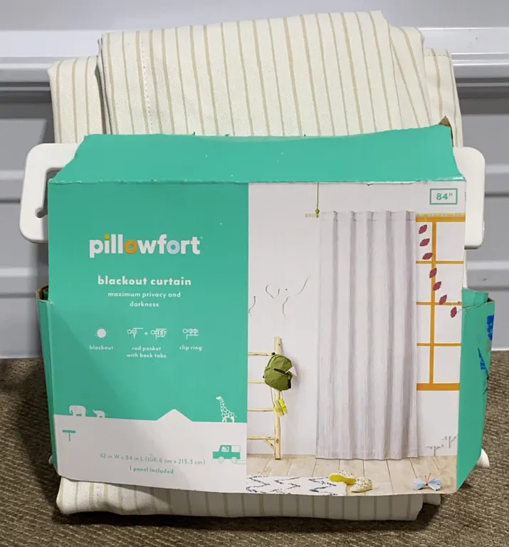 *NEW* Pillowfort 42"W x 84"L Mini Striped Blackout Window Curtain Panel - Beige