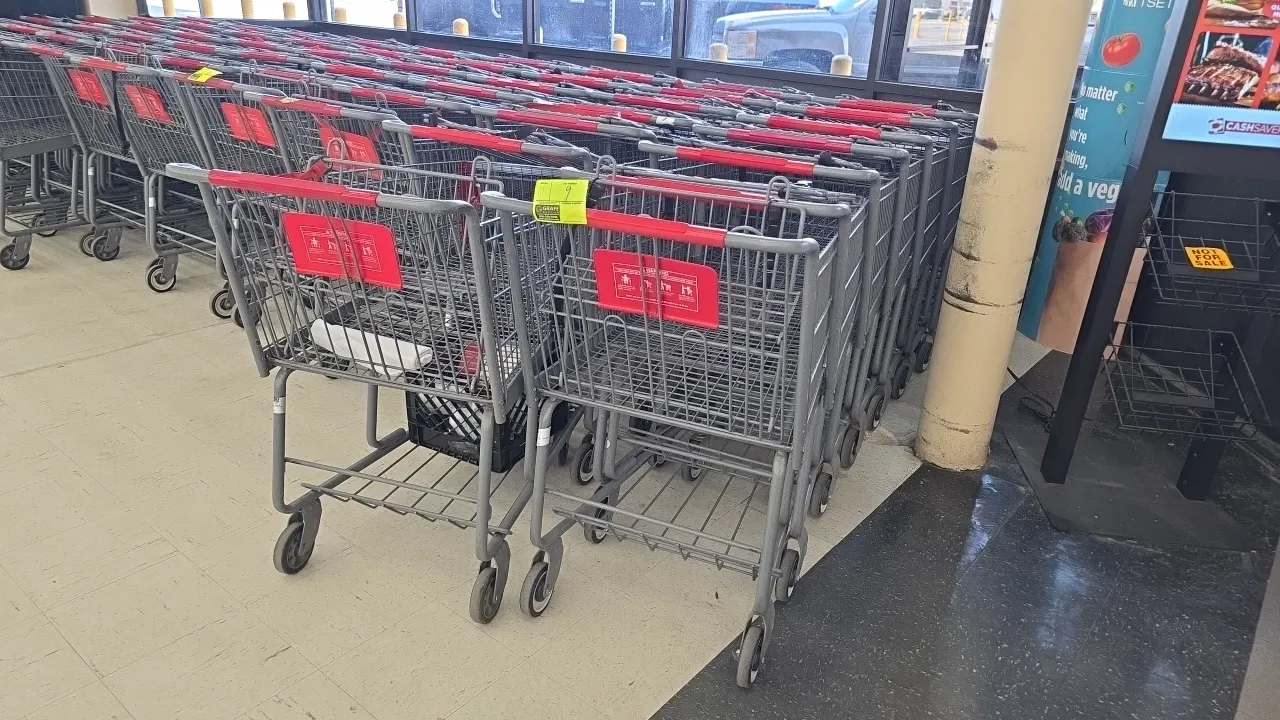 Metal shopping carts. Features gray wire basket construction, tubular steel frame, folding child seat with safety strap and red flap, red handle sleev