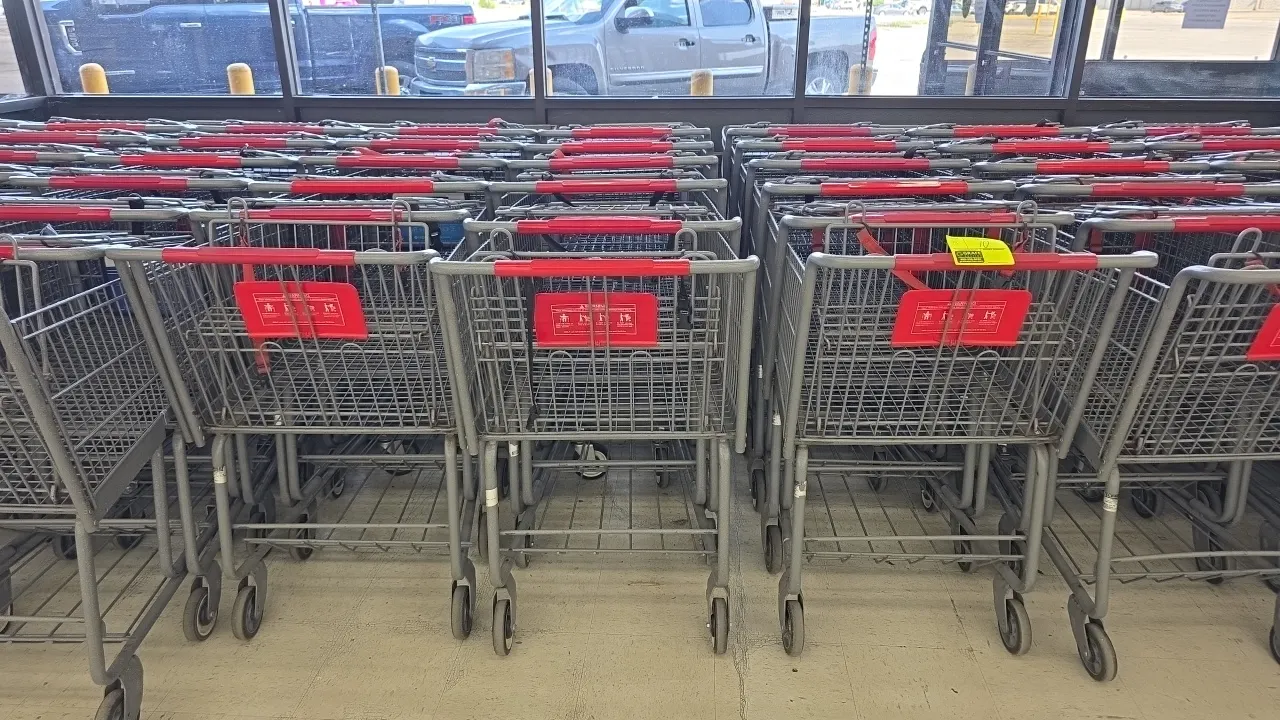 Metal shopping carts. Features wire basket construction, lower parcel tray, folding child seat, red plastic handle sleeve, and red front corner bumper